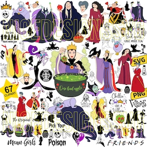May include: A collection of colorful digital clipart featuring various cartoon villains. The images include characters like Ursula, the Evil Queen, and Cruella de Vil, with text overlays such as "Bad Girls Have More Fun" and "One Bad Apple."