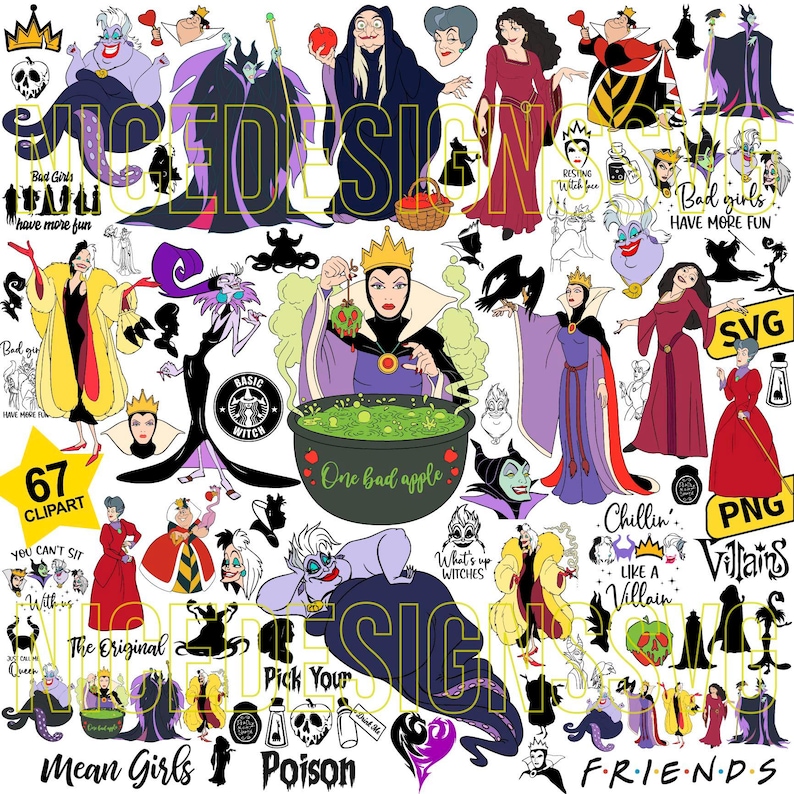 May include: A collection of colorful digital clipart featuring various cartoon villains. The images include characters like Ursula, the Evil Queen, and Cruella de Vil, with text overlays such as "Bad Girls Have More Fun" and "One Bad Apple."