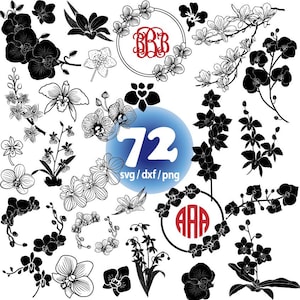 Puede incluir: Un conjunto de 72 archivos de corte SVG de flores de orquídea en blanco y negro. Los archivos incluyen una variedad de diseños de orquídeas, incluyendo flores individuales, ramos y coronas. Los archivos son perfectos para crear manualidades personalizadas, decoración del hogar y mucho más.