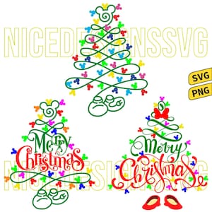 Puede incluir: Un gráfico digital con tres diseños de árboles de Navidad. Los árboles están formados con líneas verdes y adornados con luces de colores con forma de Mickey Mouse. Las palabras "Merry Christmas" están incorporadas en dos de los diseños. La imagen también incluye el texto "NICEDESIGNS SVG" e iconos para los tipos de archivo SVG y PNG.