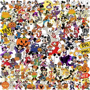 Pode incluir: Uma coleção de gráficos digitais com tema de Halloween com vários personagens da Disney. Mickey Mouse, Minnie Mouse, Pato Donald e Pateta são retratados em trajes, cercados por abóboras, morcegos e outros elementos assustadores. A imagem inclui o texto "SVG PNG".