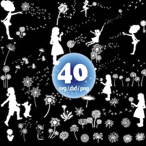 Puede incluir: Un conjunto de 40 archivos digitales SVG, DXF y PNG en silueta blanca con diseños de diente de león. Los diseños incluyen dientes de león con semillas que se dispersan en el viento, dientes de león con flores cerradas y dientes de león con personas que soplan sobre ellos.