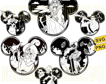 May include: Five black and white Disney villain silhouette images in a Mickey Mouse ear shape. The villains are Jafar, Captain Hook, Scar, Ursula, and the Evil Queen.