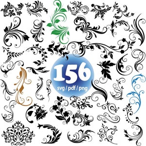 Puede incluir: Una colección de 156 elementos de diseño floral en blanco y negro en formatos SVG, PDF y PNG. Los diseños presentan intrincados remolinos, hojas y flores.