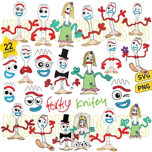 Puede incluir: Una colección de ilustraciones digitales con personajes Forky y Knifey en varias poses y atuendos, incluyendo sombreros de copa, vestidos y pajaritas. El conjunto incluye 22 diseños de arte gráfico con brazos de limpiapipas rojos y ojos móviles.