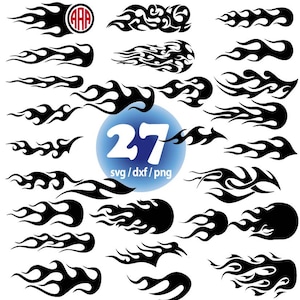 Könnte beinhalten: Ein Set mit 27 schwarzen und weißen Flammen-Designs. Die Designs sind in verschiedenen Formen und Größen und alle sehr detailliert. Die Designs sind perfekt für die Verwendung in einer Vielzahl von Projekten, wie z. B. Scrapbooking, Kartenherstellung und mehr.