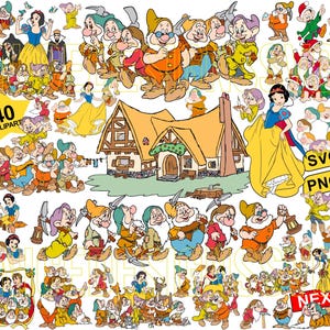 May include: A set of 40 colorful cartoon clipart images featuring Snow White and the Seven Dwarfs. The images include Snow White, the seven dwarfs, a cottage, and various other characters from the classic Disney movie. The images are perfect for crafting, scrapbooking, and other creative projects.