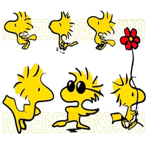 May include: A collection of yellow cartoon bird illustrations in various poses, including one holding a red flower. The images are outlined in black and set against a white background. The word "NEED DESIGNS SVG" is faintly visible.