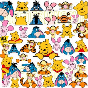 Op de afbeelding: Een verzameling clipart van stripfiguren met Winnie de Poeh, Tijgertje, Knorretje en Iejoor. De karakters staan in verschillende poses, met gele, oranje, roze en blauwe kleurenschema's. De afbeelding bevat de tekst "40 CLPART".