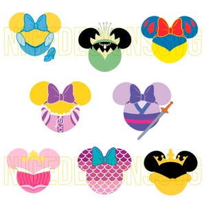 Puede incluir: Una colección de siluetas coloridas de la cabeza de Minnie Mouse, cada una diseñada para parecerse a una princesa de Disney. Los diseños incluyen Cenicienta, Blancanieves, Rapunzel, Mulan, Ariel y Tiana, con elementos icónicos como lazos, vestidos y accesorios.