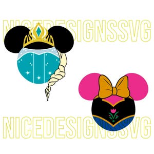 Puede incluir: Dos diseños de personajes de dibujos animados con forma de orejas de Mickey Mouse. Uno presenta un diseño turquesa y blanco con una corona y trenza doradas. El otro tiene orejas rosas, un lazo dorado y un diseño de vestido negro y azul.