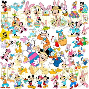 Puede incluir: Una colección de 38 imágenes prediseñadas de dibujos animados con personajes de Disney para la Pascua. Mickey Mouse, Minnie Mouse, el Pato Donald, Daisy, Goofy y Pluto se muestran con huevos de Pascua, cestas y orejas de conejo. Las imágenes son de colores brillantes.