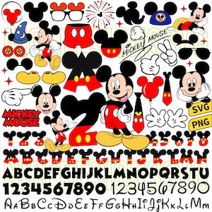 May include: A collection of Mickey Mouse-themed graphics in red, black, yellow, and white. Includes Mickey Mouse character illustrations, Mickey Mouse ears, letters, numbers, and the words "Mickey Mouse". Also includes SVG and PNG file labels.