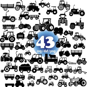 Op de afbeelding: Een verzameling van 43 zwarte en witte tractoren silhouet SVG, DXF en PNG snijbestanden. De tractoren zijn in verschillende maten en posities, sommige met aanhangwagens.