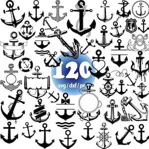 May include: A collection of 120 black and white anchor SVG, DXF, and PNG files. The anchors are in various styles, including traditional, nautical, and modern.