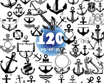 Puede incluir: Una colección de 120 archivos SVG, DXF y PNG de anclas en blanco y negro. Las anclas son de varios estilos, incluyendo tradicionales, náuticos y modernos.
