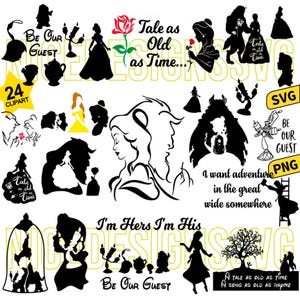 Puede incluir: Colección de imágenes prediseñadas en blanco y negro y amarillo con siluetas de personajes y objetos de la película "La Bella y la Bestia". Incluye los textos "Tale as Old as Time" y "Be Our Guest".