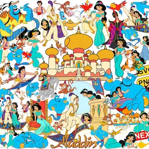 May include: A colorful illustration featuring characters from the Disney movie Aladdin. The image includes Aladdin, Jasmine, Abu, Genie, Jafar, and the Magic Carpet. The characters are set against a backdrop of the Sultan's Palace, with a vibrant blue sky and clouds. The image is perfect for fans of the movie and would make a great addition to any Disney collection.