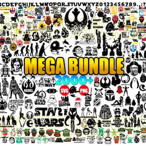 Può includere: Uno sfondo bianco è riempito con grafiche di Star Wars in bianco e nero. Le parole "MEGA BUNDLE 2000+ SVG PNG" sono al centro. Sono presenti vari personaggi e loghi, tra cui Yoda e Darth Vader.