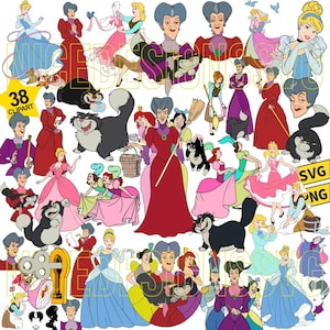 May include: A collection of 38 clipart images featuring characters from the Cinderella animated film. The images include Cinderella, the stepmother, stepsisters, Lucifer the cat, and other elements in a variety of poses and styles.