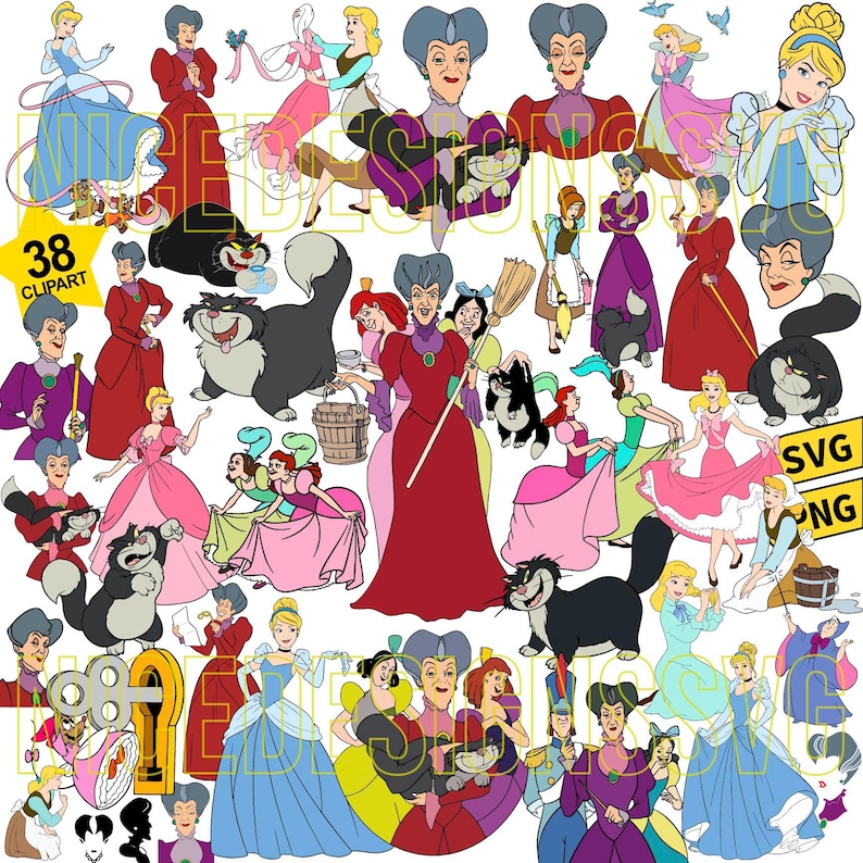 Puede incluir: Una colecci&oacute;n de 38 im&aacute;genes predise&ntilde;adas con personajes de la pel&iacute;cula animada Cenicienta. Las im&aacute;genes incluyen a Cenicienta, la madrastra, las hermanastras, Lucifer el gato y otros elementos en una variedad de poses y estilos.