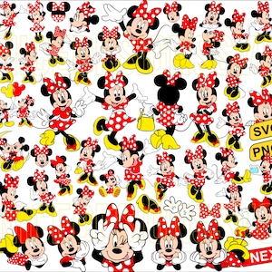 Puede incluir: Una colección de ilustraciones de Minnie Mouse con lunares rojos y blancos. Las imágenes muestran a Minnie Mouse en varias poses, incluyendo saludando, sosteniendo un bolso y usando un lazo. Las imágenes son perfectas para manualidades, scrapbooking o diseño digital.
