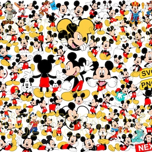 Pode incluir: Uma colagem digital de várias ilustrações do Mickey Mouse. As imagens apresentam o Mickey Mouse em diferentes poses e expressões, incluindo acenando, sorrindo e usando uma gravata borboleta. O fundo é branco.
