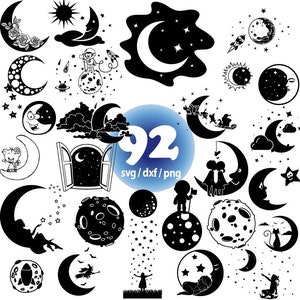 Puede incluir: Un conjunto de 92 archivos digitales SVG, DXF y PNG en blanco y negro con ilustraciones de luna y estrellas. Los diseños incluyen lunas crecientes, lunas llenas, estrellas y otros elementos celestes.