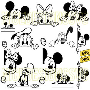 Könnte beinhalten: Schwarz-Weiß-Ausschnitte von Zeichentrickfiguren, darunter Micky Maus, Minnie Maus, Donald Duck, Daisy Duck und Goofy. Die Figuren schauen über eine Linie oder halten ein Schild. Enthält SVG- und PNG-Dateitypen.