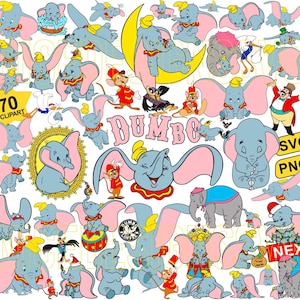 Puede incluir: Una colección de 70 imágenes prediseñadas con el tema de Dumbo. Las ilustraciones presentan al personaje Dumbo en varias poses, junto con otros personajes. La paleta de colores incluye azul, rosa, amarillo y rojo. La palabra "Dumbo" se muestra en texto rosa.
