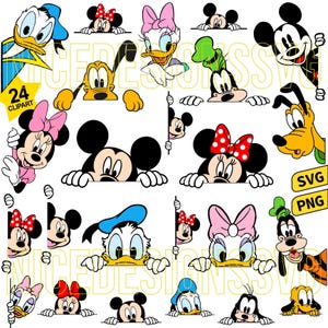 May include: A collection of 24 cartoon character clip art images, including Mickey Mouse, Minnie Mouse, Donald Duck, Daisy Duck, Pluto, and Goofy. Each character is depicted peeking over a border. The images are in SVG and PNG formats.