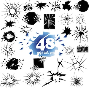 Puede incluir: Un conjunto de 48 gráficos vectoriales en blanco y negro de vidrio roto. Los gráficos son de diversas formas y tamaños, y todos están sobre un fondo blanco. Los gráficos son perfectos para usar en proyectos de diseño, como diseño web, diseño gráfico y diseño de impresión.