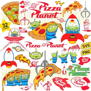 Puede incluir: Una colección de imágenes prediseñadas digitales con alienígenas verdes de tres ojos, porciones de pizza de pepperoni, cohetes rojos y máquinas de garra. Los gráficos incluyen el texto Pizza Planet en rojo y verde, junto a iconos espaciales.
