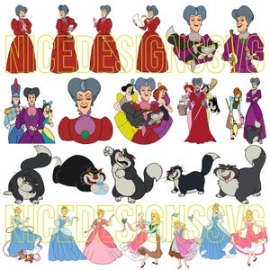 Puede incluir: Una colecci&oacute;n de ilustraciones de dibujos animados con personajes de la pel&iacute;cula Cenicienta. Las im&aacute;genes incluyen a Cenicienta, su madrastra, sus hermanastras y Lucifer el gato. Los personajes est&aacute;n en varias poses y atuendos.