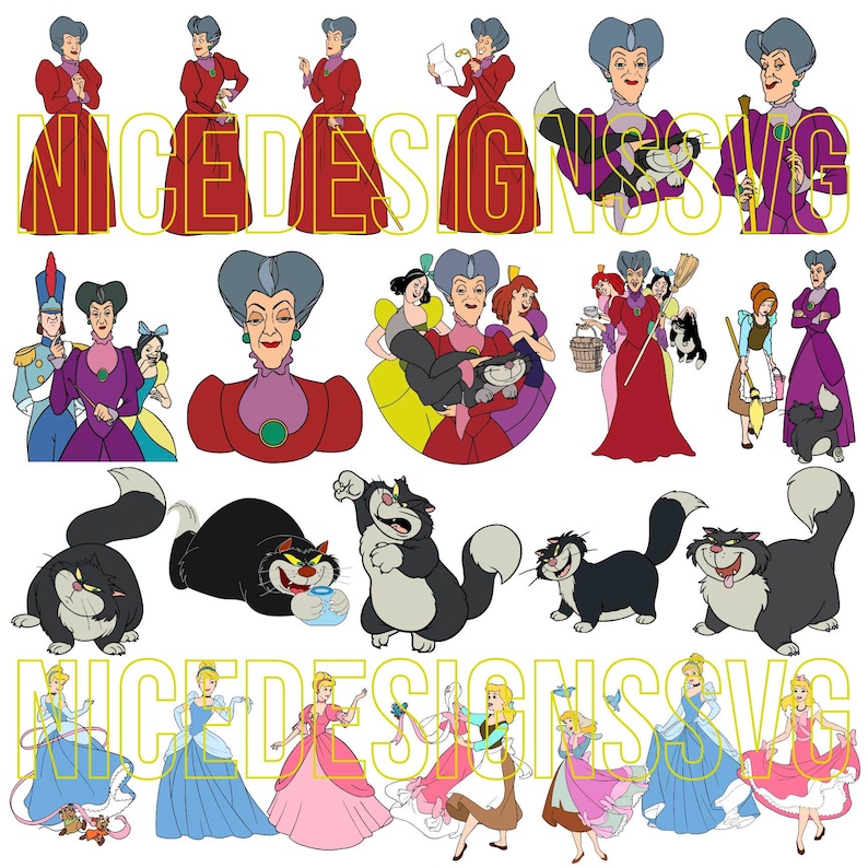 Puede incluir: Una colecci&oacute;n de ilustraciones de dibujos animados con personajes de la pel&iacute;cula Cenicienta. Las im&aacute;genes incluyen a Cenicienta, su madrastra, sus hermanastras y Lucifer el gato. Los personajes est&aacute;n en varias poses y atuendos.