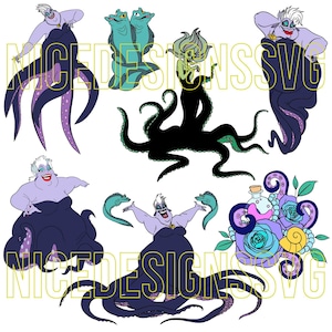 Puede incluir: Una colecci&oacute;n de ilustraciones de dibujos animados con &Uacute;rsula de La Sirenita. Las im&aacute;genes muestran a &Uacute;rsula en varias poses, con sus tent&aacute;culos y anguilas. La paleta de colores incluye tonos de morado, negro y verde azulado, con acentos de rosa y amarillo.