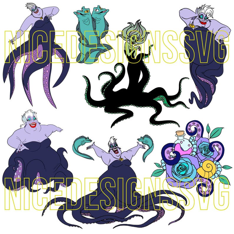 Puede incluir: Una colecci&oacute;n de ilustraciones de dibujos animados con &Uacute;rsula de La Sirenita. Las im&aacute;genes muestran a &Uacute;rsula en varias poses, con sus tent&aacute;culos y anguilas. La paleta de colores incluye tonos de morado, negro y verde azulado, con acentos de rosa y amarillo.