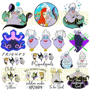 Puede incluir: Una colecci&oacute;n de gr&aacute;ficos de dibujos animados con &Uacute;rsula de La Sirenita. Los dise&ntilde;os incluyen la cara de &Uacute;rsula, poses de cuerpo completo y citas como "Poor Unfortunate Souls" y "What's up Witches". La paleta de colores es principalmente p&uacute;rpura, negro y verde azulado.