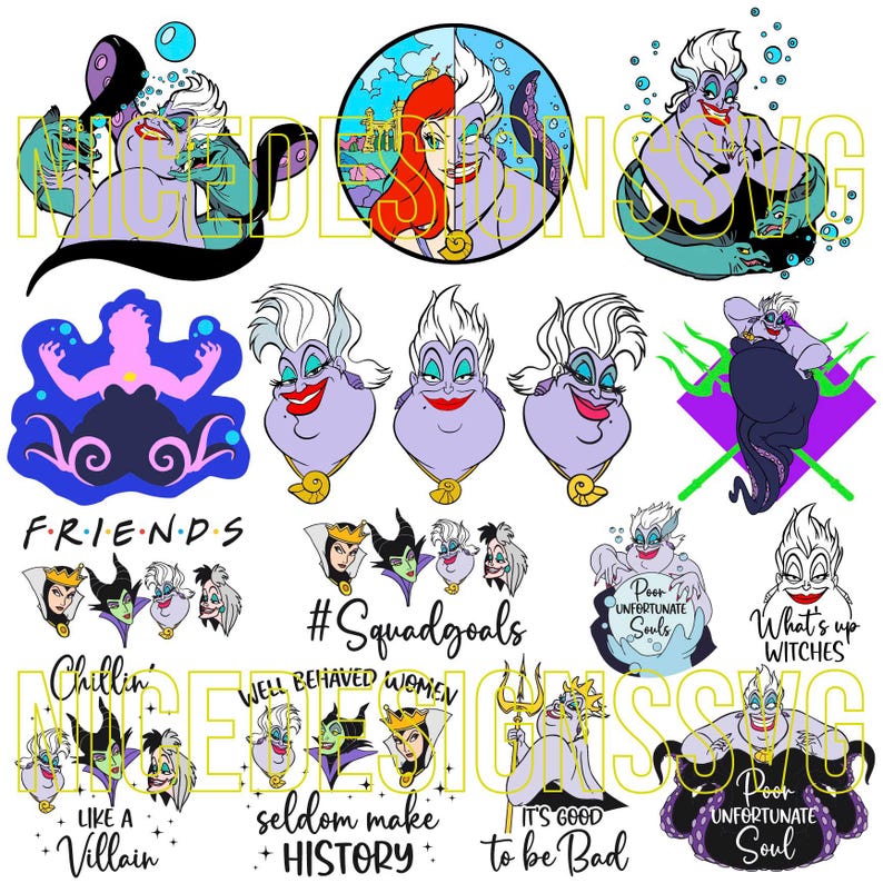 Puede incluir: Una colecci&oacute;n de gr&aacute;ficos de dibujos animados con &Uacute;rsula de La Sirenita. Los dise&ntilde;os incluyen la cara de &Uacute;rsula, poses de cuerpo completo y citas como "Poor Unfortunate Souls" y "What's up Witches". La paleta de colores es principalmente p&uacute;rpura, negro y verde azulado.