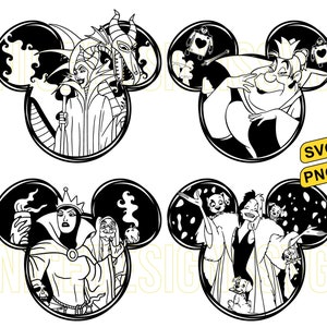 Puede incluir: Cuatro ilustraciones en blanco y negro de villanos de Disney en forma de oreja de Mickey. Los villanos son Maléfica, Cruella de Vil, la Reina de Corazones y Úrsula.