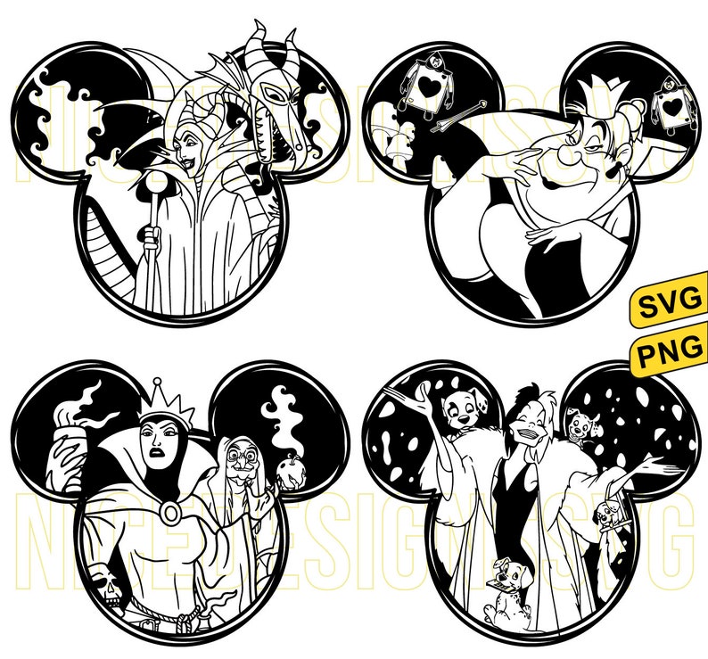 K&ouml;nnte beinhalten: Vier Schwarzwei&szlig;illustrationen von Disney-Schurken in Form eines Mickey-Mouse-Ohrs. Die Schurken sind Maleficent, Cruella de Vil, die Herzk&ouml;nigin und Ursula.