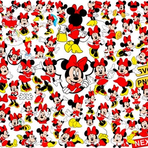 Pode incluir: Uma coleção de 50 ilustrações de personagens de desenhos animados do Minnie Mouse vermelho e preto. As ilustrações estão em várias poses e expressões. O fundo é branco.