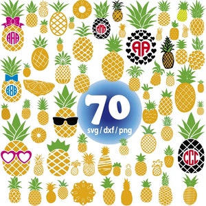 May include: A collection of 70 pineapple SVG, DXF, and PNG digital files. The pineapples are in various styles, including some with sunglasses, hearts, and monograms.