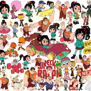 May include: A collection of colorful cartoon characters from the movie Wreck-It Ralph. The image includes various characters in different poses, with the title "Wreck-It Ralph" in pixelated text. The image also includes "SVG" and "PNG" text.