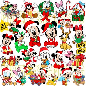 Può includere: Una collezione di 24 immagini clipart a tema natalizio con Topolino, Minnie, Paperino, Paperina, Pluto e altri personaggi Disney. Ogni personaggio indossa abiti festivi, tra cui cappelli di Babbo Natale e completi rossi e verdi.