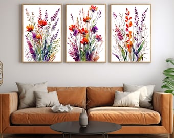Colorful Wildflower Wall Art Prints, Watercolor Flowers, Set of 3 Printables, Floral Artwork, Botanical Print, Boho Wall Art, Digital Art