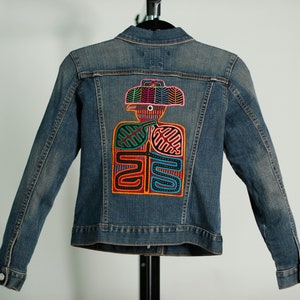 XS Upcycled Denim Jacket: Handmade Mola Appliqué, Boho Fashion