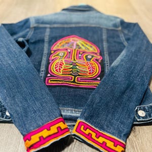 Small Upcycled Denim Jean Jacket: Handmade Mola Appliqué, Boho Fashion