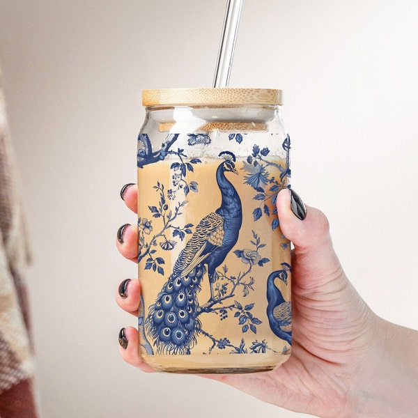 Floral Blue Peacock Chinoiserie Elegant Glass Iced Coffee Cup 16oz Can Gift Glass Tea Party Vibes Cup Pretty Floral Glass Bridesmaid Gift
