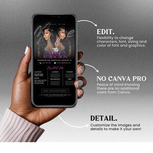 May include: A black and white phone mockup with a flyer for a hair salon called "The Mane Attraction". The flyer has a pink and white design with the text "The Mane Attraction" and "Important Info". The flyer also includes information about the salon's location, hours, and payment options.